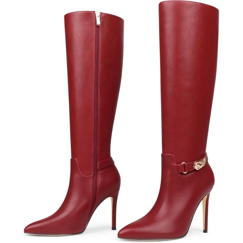 〽️Women's Red Coleter Knee High Pointed Toe Stiletto Buckle Dress Boots